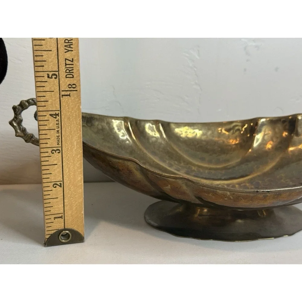 Vintage Hammered Brass Console Fruit Bowl with Side Handles & Scalloped Sides